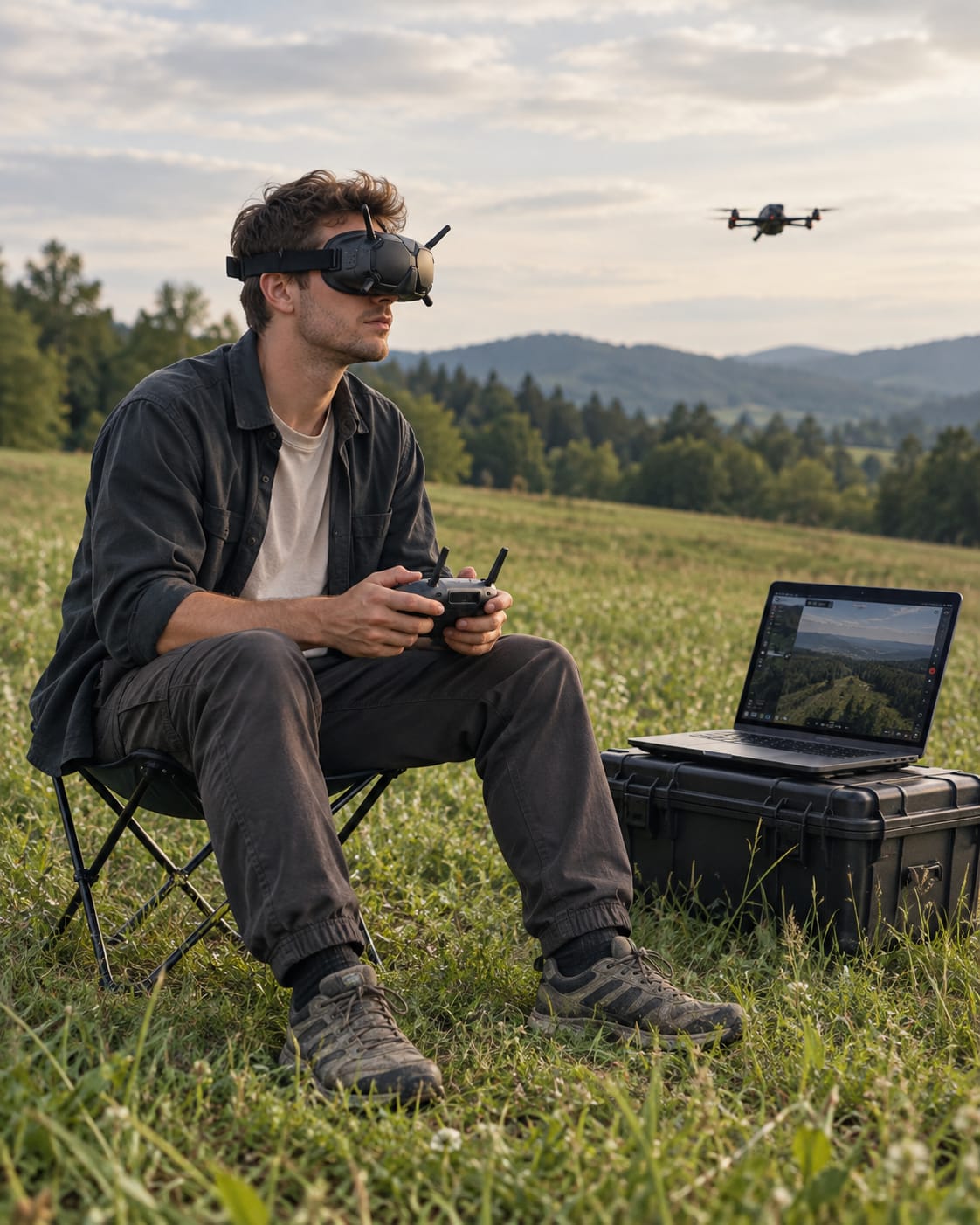 Aljaž, ki stoji za studiem Spletera, na travniku z dronom in prenosnikom