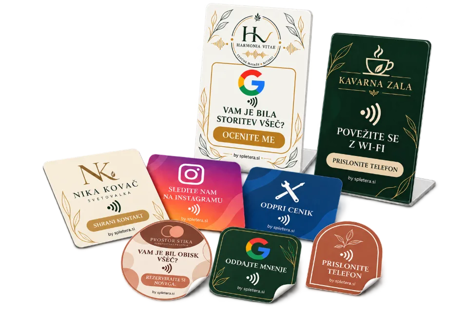 NFC stojala, nalepke in digitalne vizitke za Google ocene, Instagram, Wi-Fi, cenik in shranjevanje kontakta